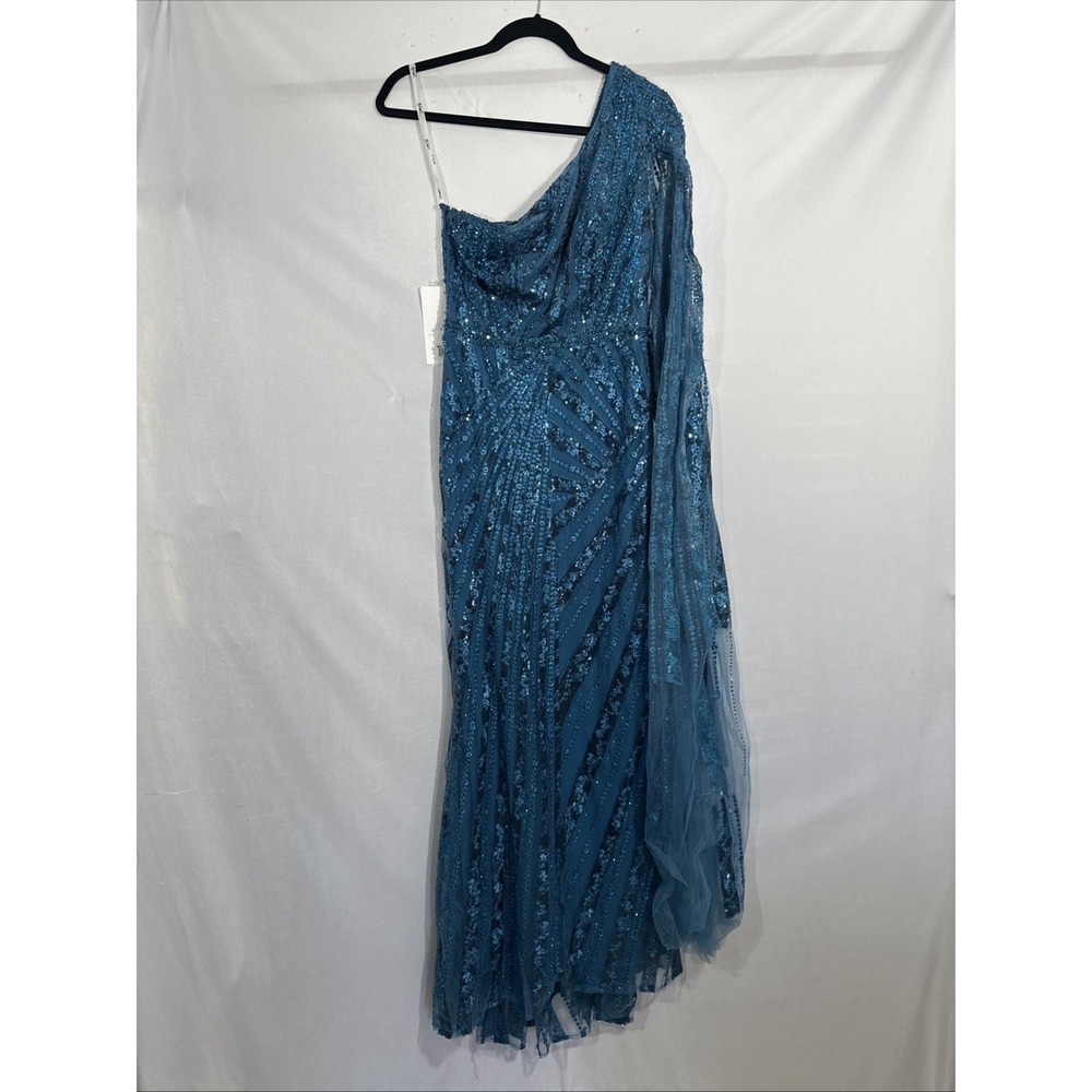 NWT Mac Duggal [ 4 ] 20528 One Shoulder‎ Cape Sleeve Embellished Gown Blue J1911 - Picture 9 of 15